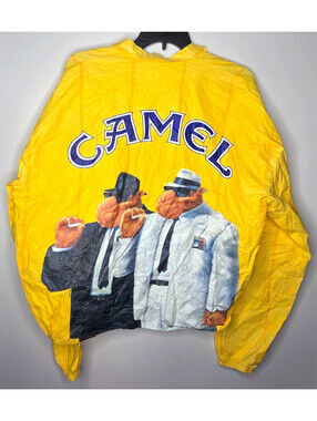VTG 1992 JOE CAMEL Cigarettes Promo Yellow Paper Windbreaker DuPont Size XL Used